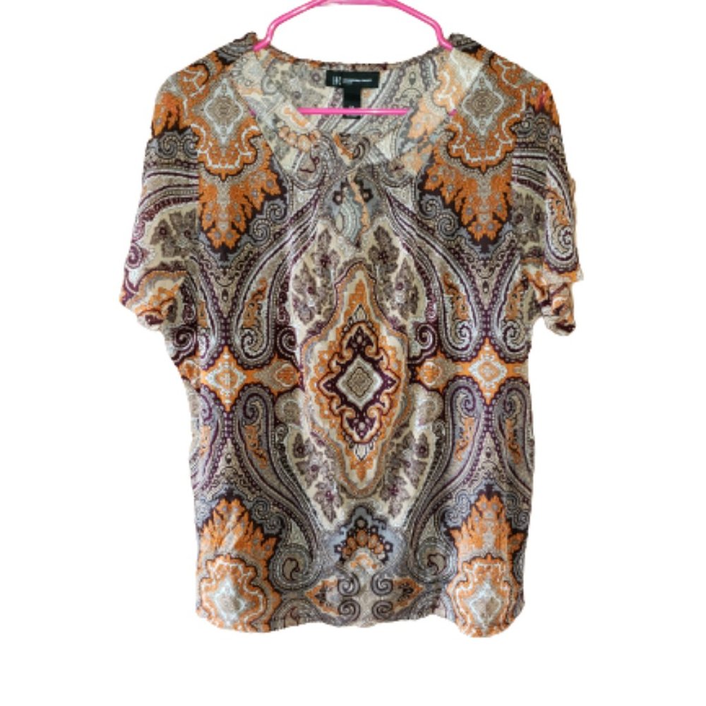 INC Boho Print Top Peek-A-Boo Neckline Sheer Short Sleeve Earthtones Sz 1X